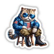 Patriotic Persian cat in denim jacket and aviator sunglasses sitting on stool