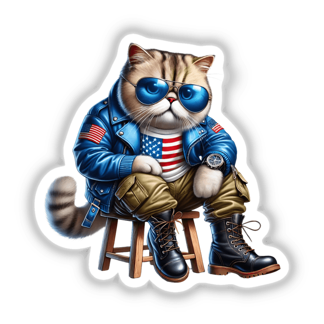 Patriotic Persian cat in denim jacket and aviator sunglasses sitting on stool