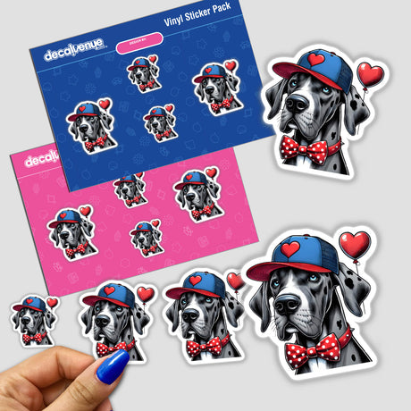 Sticker featuring a Great Dane Dog with a Heart Hat and bow tie, available as a vinyl sticker or digital artwork from Decal Venue.