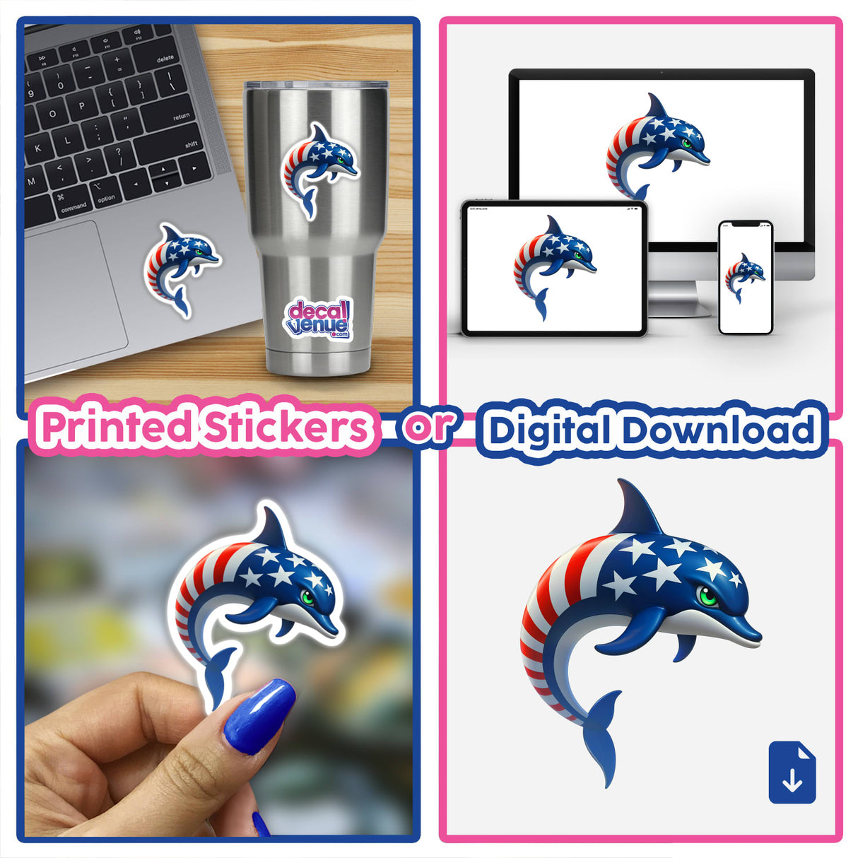 Collage featuring A Cool American Flag Dolphin sticker on a laptop, showcasing a blue dolphin adorned with red, white, and blue stripes and stars, available as stickers or digital artwork.