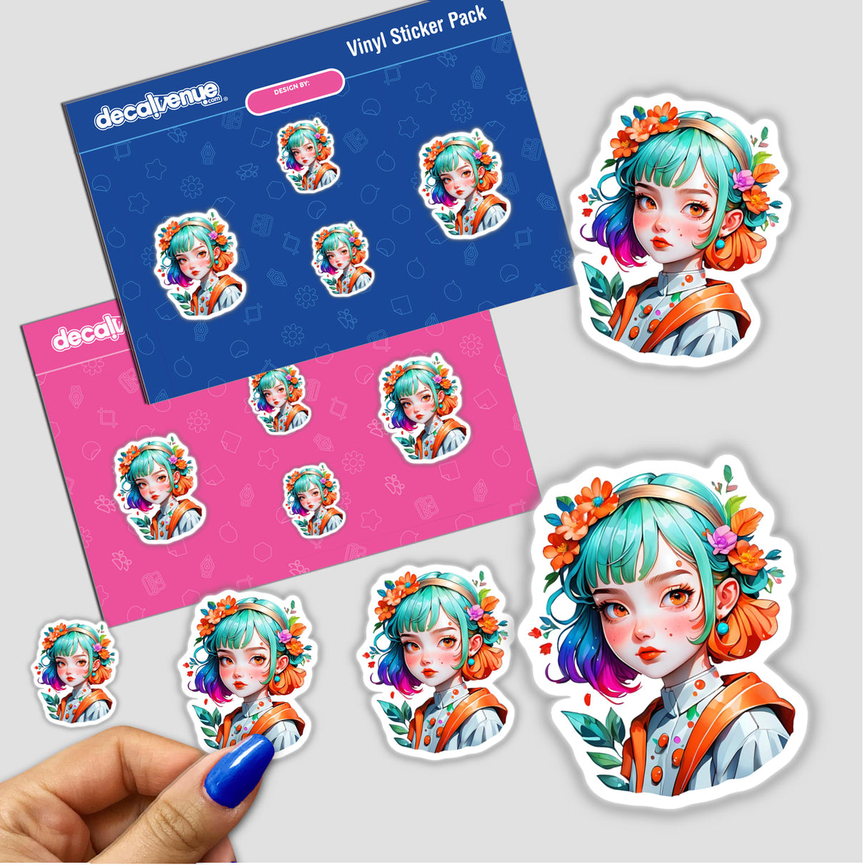 Stickers featuring Eco-Friendly Girl in Haute Couture, Akira Style Surrealism, Orange Vibe, depicting a cartoon girl with colorful hair and flowers, available individually or in a pack.