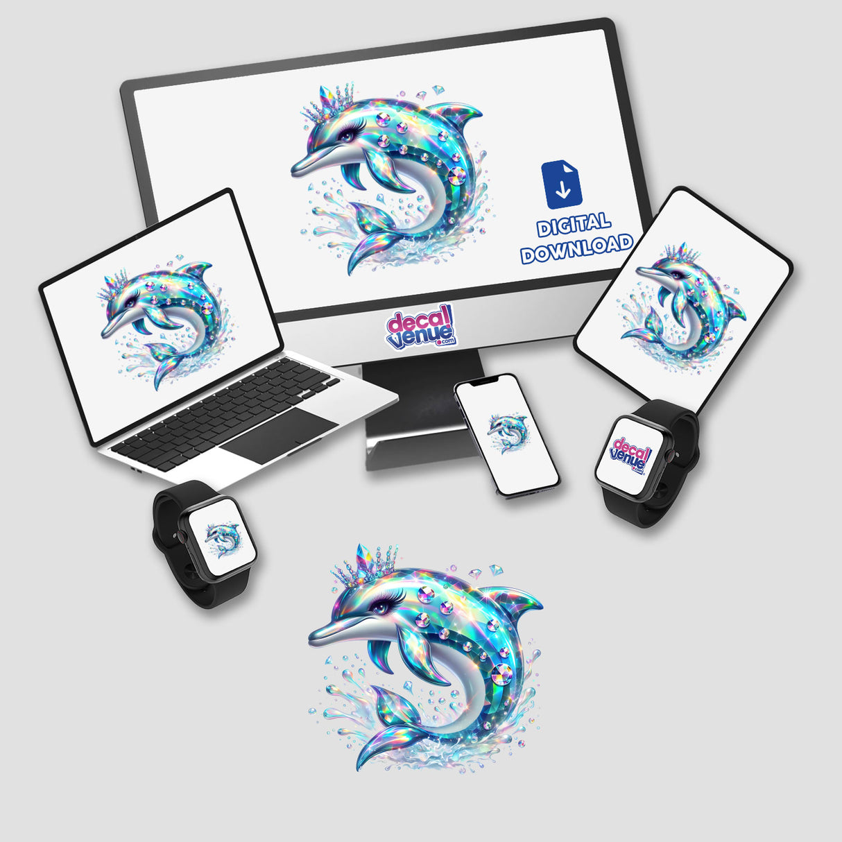 Colorful digital artwork of a prismatic dolphin princess surrounded by water splashes, featured on various digital devices from the Decal Venue store.