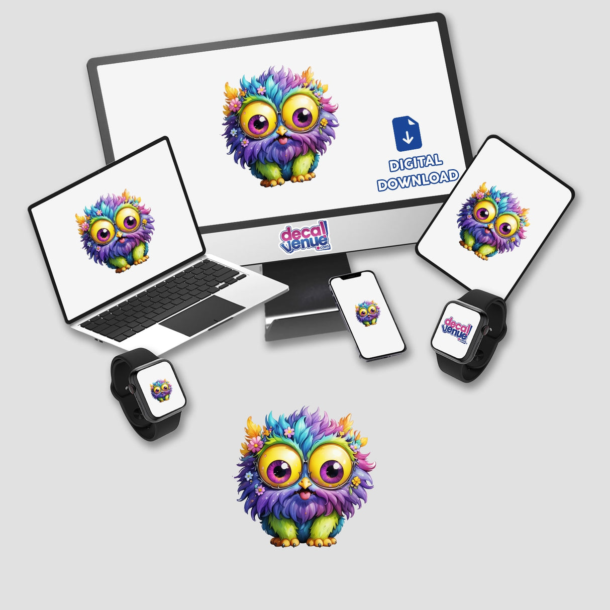 Fluffy Purple Monster cartoon displayed on computer monitor and laptop screens, available as stickers or digital artwork.