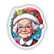 Santa Granny: Kawaii Watercolor - A smiling woman with glasses and a Santa hat, depicted in a cute, cartoonish watercolor style. Available as stickers or digital artwork.