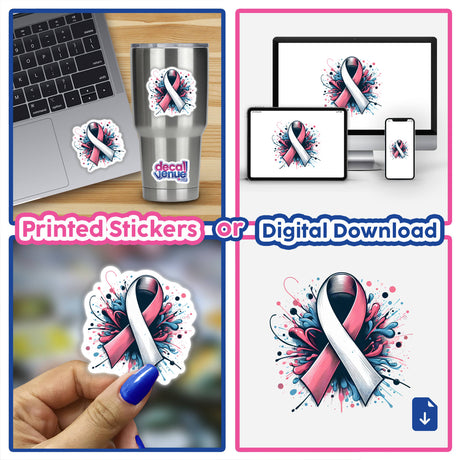 Collage showing Cancer Ribbon Splatter as stickers and digital artwork, featuring a pink ribbon with paint splashes, a laptop with the ribbon, and a hand holding a ribbon sticker.