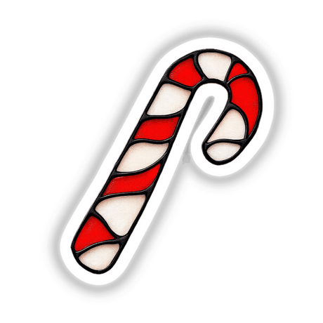 Candy Cane Stained Glass Style sticker or digital artwork, featuring a cartoon-like candy cane with a white border, reflecting Decal Venue's unique art style.