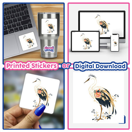 Chinoiserie Crane artwork collage featuring whimsical bird designs, available as stickers or digital downloads. Includes images of birds with flowers, a laptop adorned with a sticker, and digital art elements.