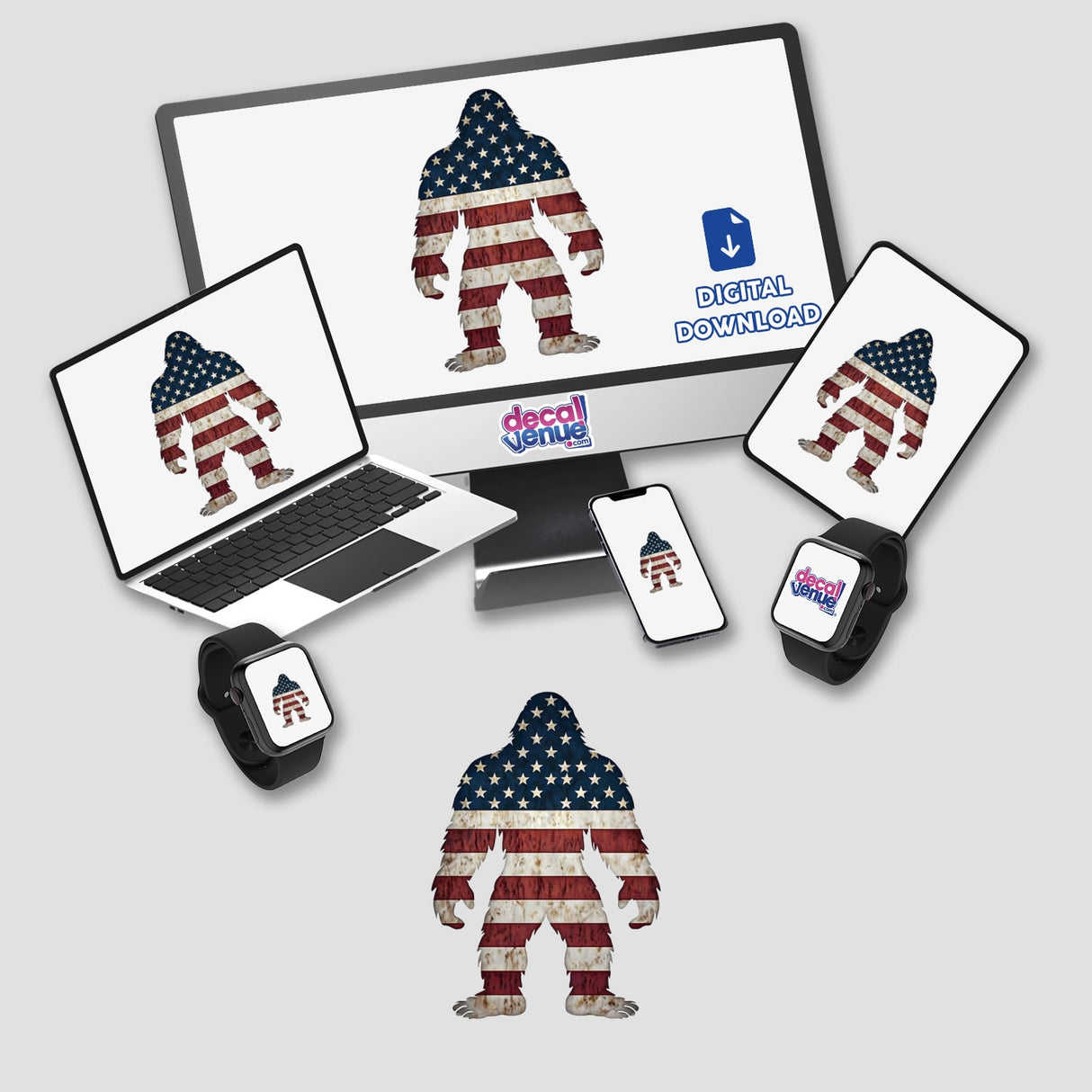 American Sasquatch design displayed on a computer and laptop screen, featuring a flag motif. Available as unique vinyl stickers or digital artwork from Decal Venue.