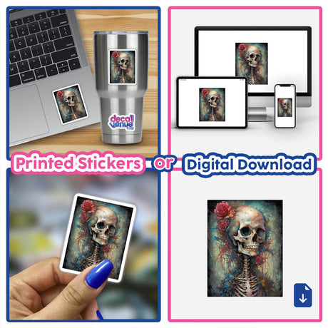 Collage showcasing 'Beautiful Skulls' stickers and digital artwork, featuring laptops adorned with intricate skull designs and close-ups of skull motifs on various items.