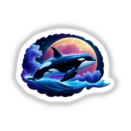 A Cute Magical Orca leaping from water, depicted in a whimsical cartoon style, available as stickers or digital artwork. The design blends marine life with creative, imaginative elements.