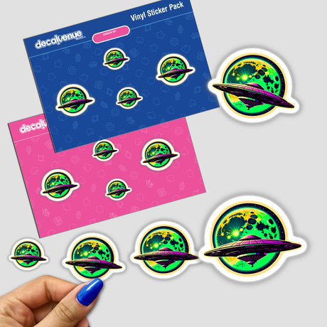 A UFO In Front Of A Moon sticker pack featuring vibrant, imaginative designs with a UFO motif, perfect for embellishing personal items or digital art projects.