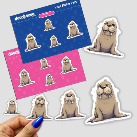 Hand holding a pack of Cute Grumpy Walrus stickers featuring various cartoon walrus illustrations with large teeth and whiskers.