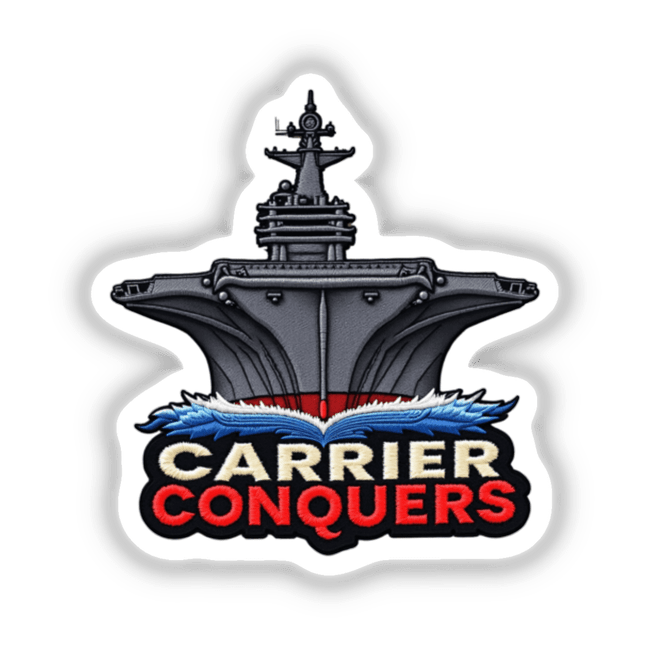 0006 - CARRIER CONQUERS sticker featuring a ship logo, open book, and tower illustration; available as stickers or digital artwork.