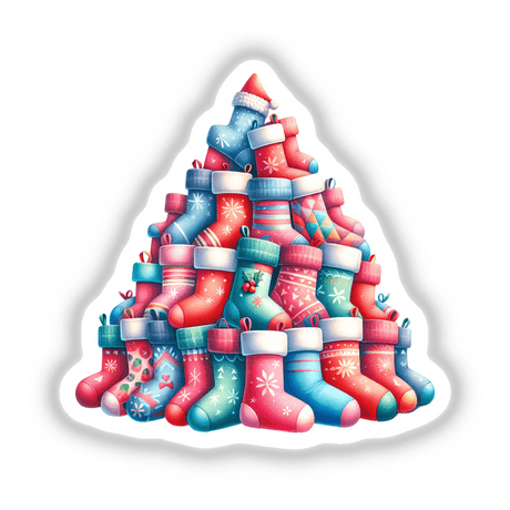 Stacked Pile of Christmas Stockings available as stickers or digital artwork, showcasing a vibrant collection of festive socks, emphasizing Decal Venue's unique approach to seasonal digital art and sticker designs.