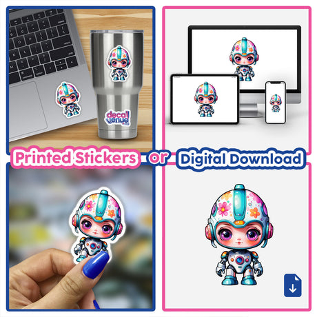 Kawaii Sci-Fi Robot Sticker collage featuring placements on a laptop and cup, with a cartoon robot in a pink and blue helmet and painted nails.