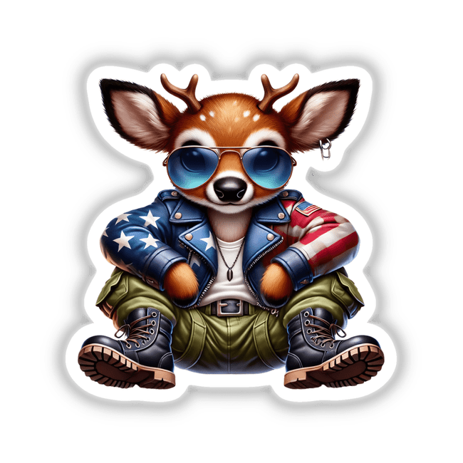 Cartoon deer with aviator sunglasses and a jacket, titled Patriotic Leather Deer Aviator Sunglasses, available as stickers or digital artwork from Decal Venue.