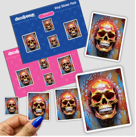 Abstract 3D Skull Art sticker pack featuring detailed skull designs, including red and yellow painted skulls. Available as stickers or digital artwork, ideal for unique graphic decoration.