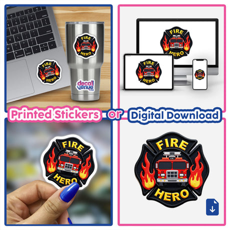 Collage of 0008 - FIRE HERO firefighter stickers, featuring a firefighter emblem, fire truck, and flames, shown on a laptop and phone. Available as stickers or digital artwork.