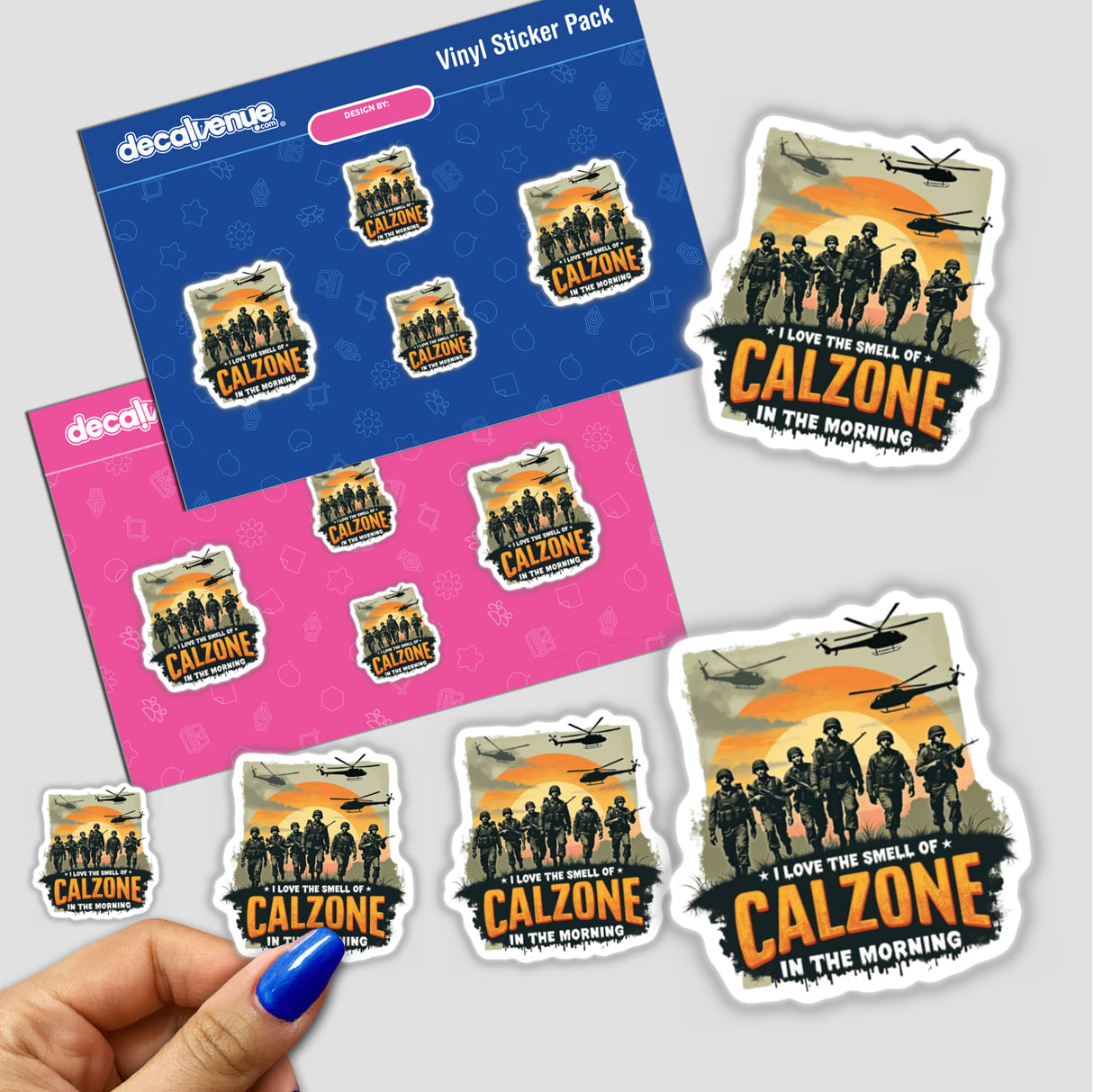 I Love the Smell of Calzone in the Morning parody sticker featuring military-themed graphics, showcasing soldiers and helicopters, available as a sticker or digital artwork. Ideal for National Calzone Day celebrations.