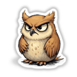 Cute Grumpy Owl: A cartoon sketch of an owl with expressive eyes, sharp claws, and a grumpy expression, available as stickers or digital artwork.