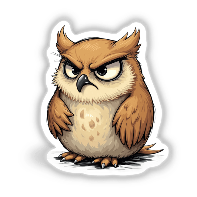 Cute Grumpy Owl: A cartoon sketch of an owl with expressive eyes, sharp claws, and a grumpy expression, available as stickers or digital artwork.