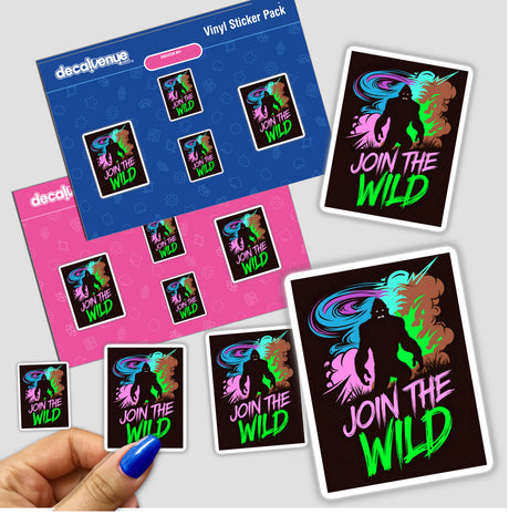 Join The Wild With Bigfoot sticker held in a hand, featuring a large yeti design and vibrant text, reflecting Decal Venue's unique sticker and digital art offerings.