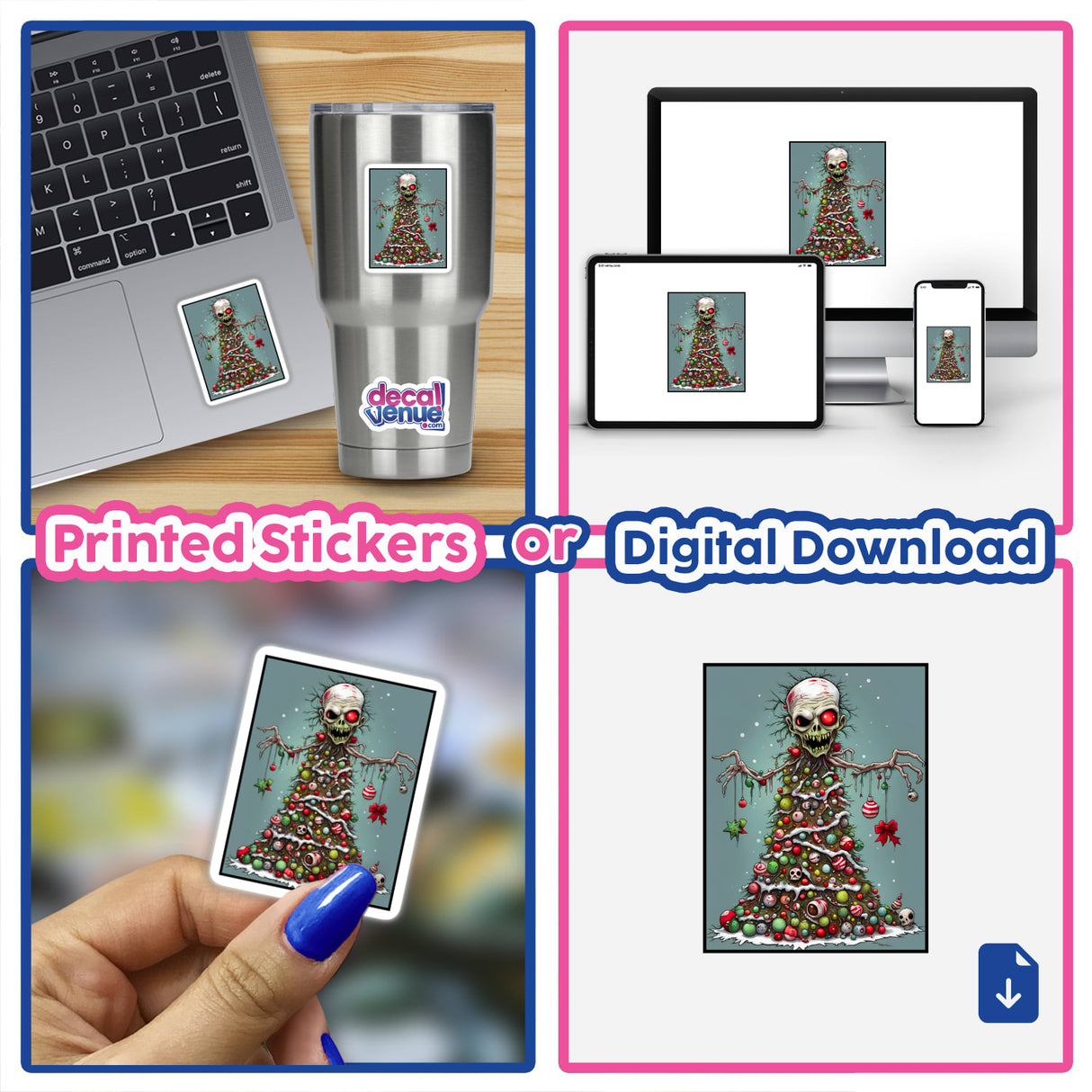 Collage featuring Zombie Christmas Tree designs, showcasing both sticker and digital artwork formats. Includes cartoon elements and festive motifs, aligning with Decal Venue's unique creative style.