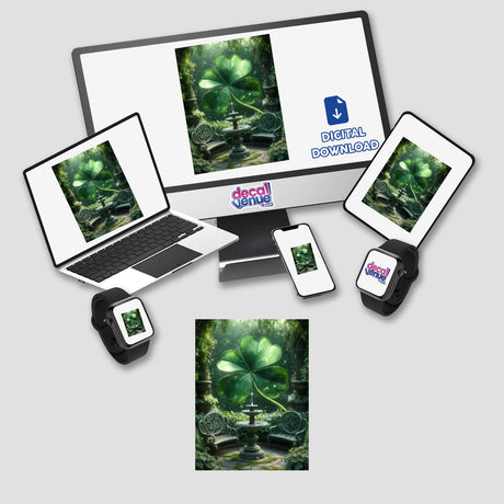 Mystical Shamrock Garden – Glowing Four-Leaf Clover displayed on a laptop and computer monitor, available as stickers or digital artwork, emphasizing an enchanted courtyard theme.