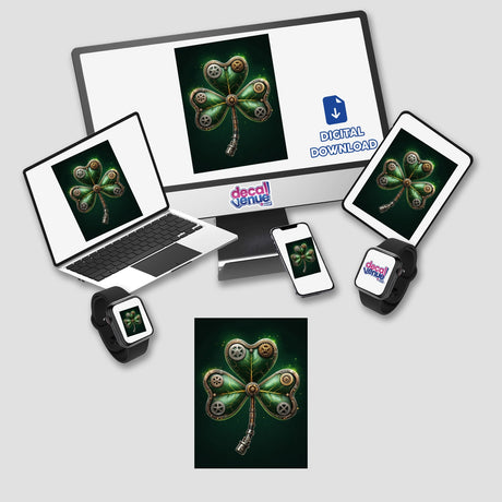 Steampunk Shamrock with Metallic Gears displayed on screens, including a laptop and tablet, featuring a digital clover design. Available as stickers or digital artwork at Decal Venue.