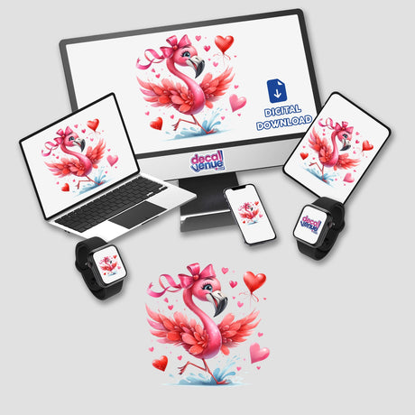 Fluttering in Love Pink Flamingo design on various devices, showcasing its vibrant and playful artwork, available as stickers or digital art from Decal Venue.