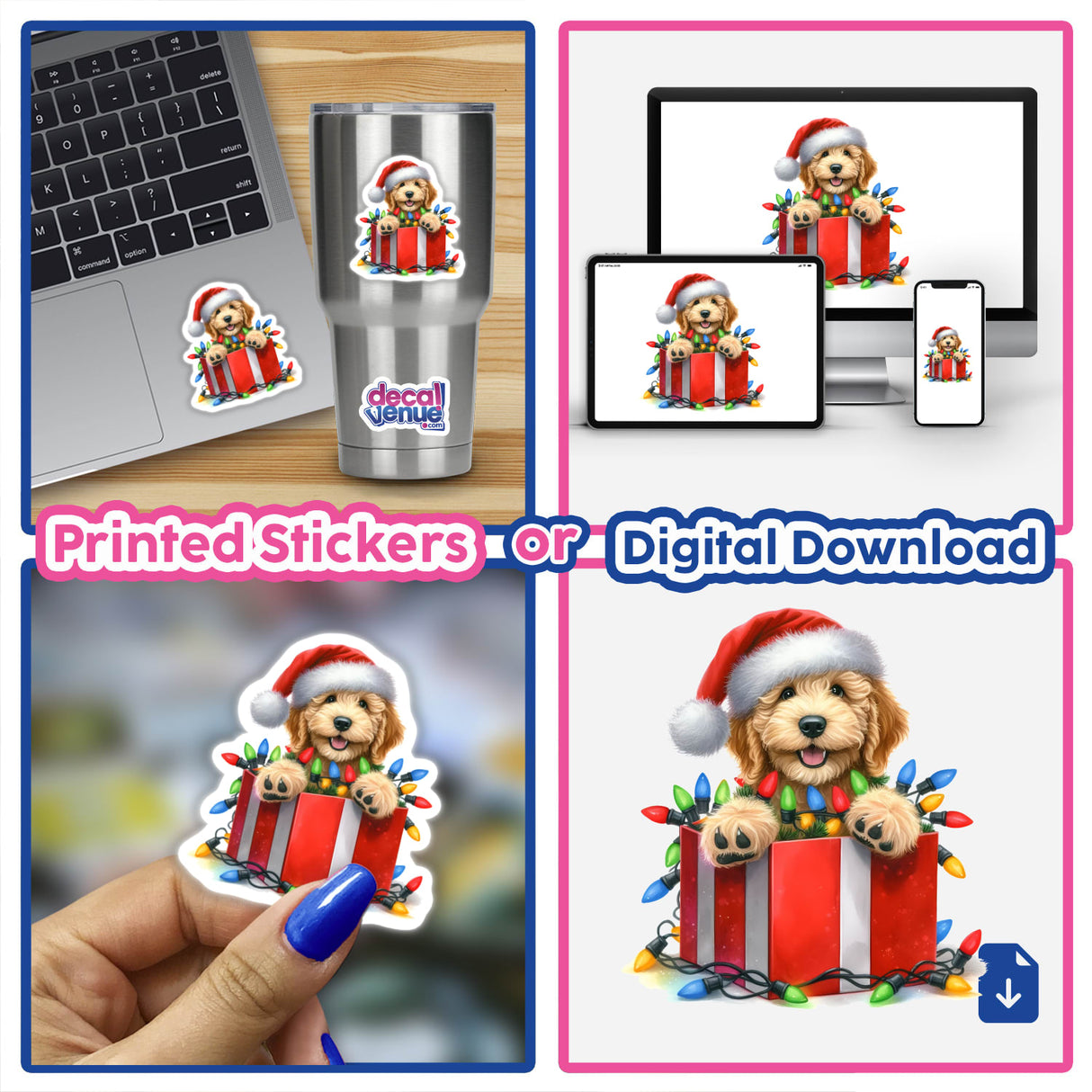 Christmas Lights Santa Golden Doodle Dog in Gift Box II features a playful golden doodle wearing a Santa hat surrounded by festive Christmas lights, available as stickers or digital artwork.