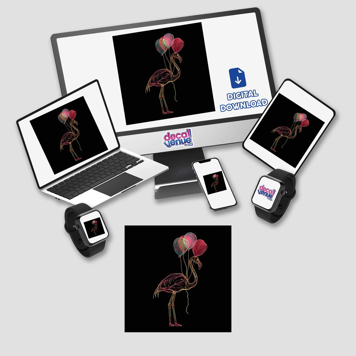 Flamingo Holding Balloons digital artwork displayed on a computer monitor, laptop, tablet, and phone.