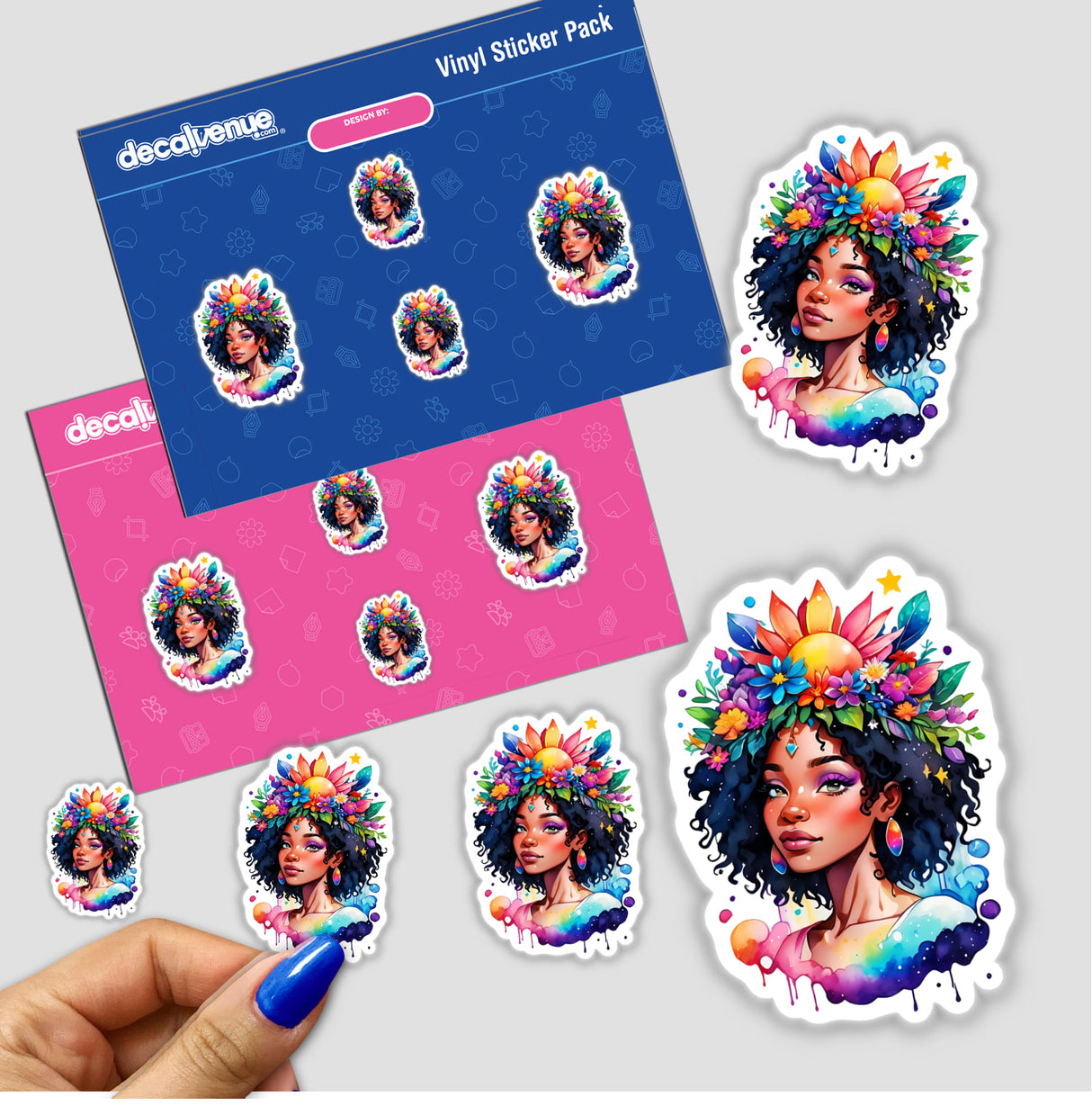 Hand holding a sticker pack displaying the Ethereal Floral Crown Chakra Watercolor Sticker - Boho Black Woman Portrait, featuring a woman adorned with flowers in her hair.