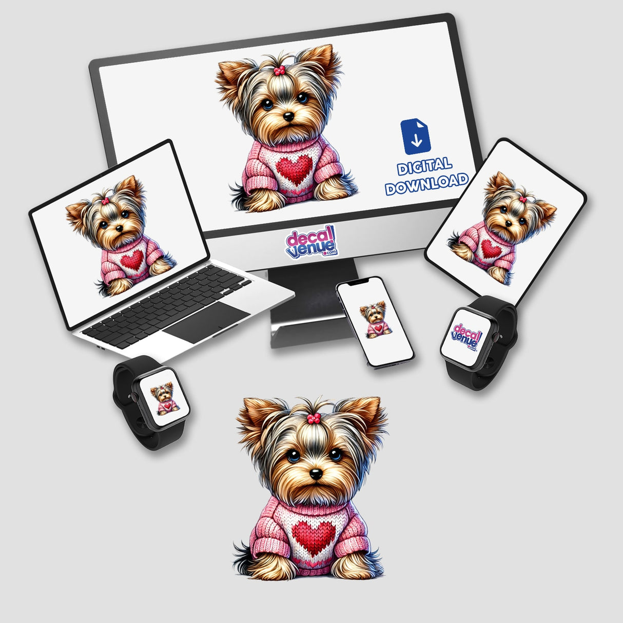 Yorkie Dog in Heart Sweater displayed on a computer monitor and laptop screen, showcasing its availability as stickers or digital artwork from Decal Venue.