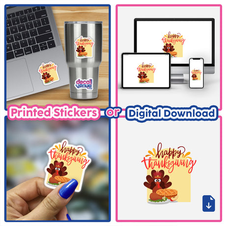 Thanksgiving Greeting: A laptop with a turkey and pie-themed sticker, reflecting festive digital artwork available as stickers or digital downloads.