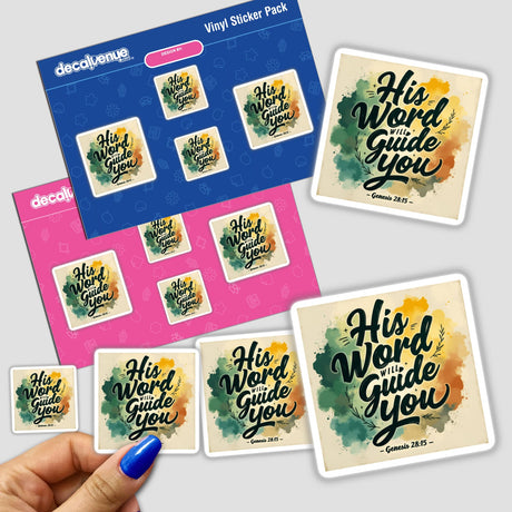 Hand holding His Word Will Guide You Christian sticker inspired by Genesis 28:15, showcasing divine guidance text, available as a sticker or digital artwork from Decal Venue.