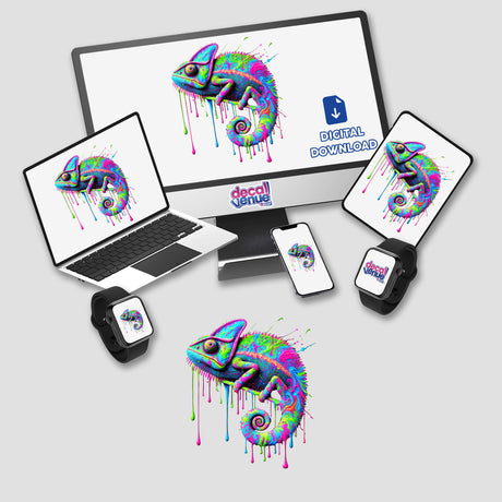 Vibrant Psychedelic Drip Chameleon - Trippy Neon Lizard displayed on a computer monitor, laptop, phone, and smartwatch, showcasing its adaptability as stickers or digital artwork.