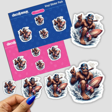 Sasquatch Cigar Surfer sticker pack featuring cartoon gorillas with surfboards and cigars, available as vinyl stickers or digital artwork. Perfect for fans of unique, quirky designs.