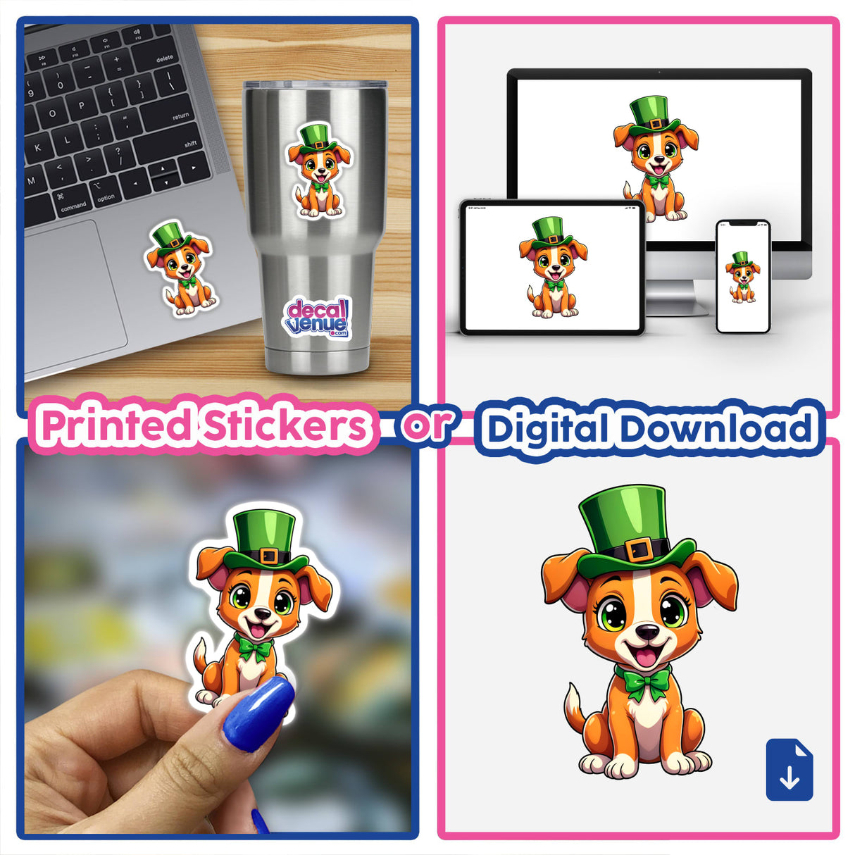 St. Patrick's Day Puppy features a cartoon dog wearing a green hat, available as stickers or digital artwork, shown on a laptop and a cup.