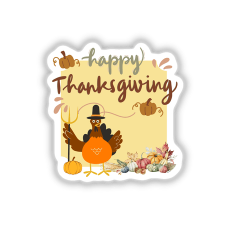 Thanksgiving Greetings sticker or digital artwork featuring a cartoon turkey with a pitchfork, surrounded by pumpkins and vegetables, reflecting Decal Venue's unique illustration style.