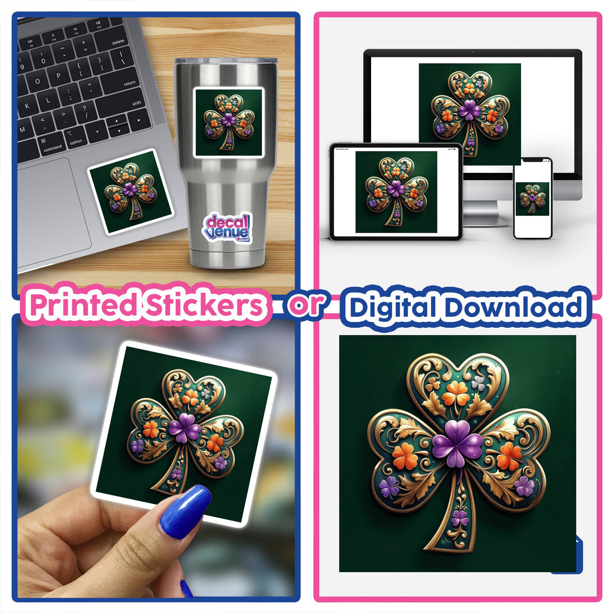 Baroque Shamrock – Ornate Clover with Gold Filigree and Colorful Flowers depicted as a digital artwork, showcasing intricate design elements suitable for unique vinyl stickers or digital art.