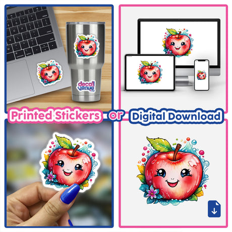 Cute Smiling Apple stickers or digital artwork featuring a cartoon apple with eyes, a face, and a flower, showcased on various items like laptops, cups, and monitors.