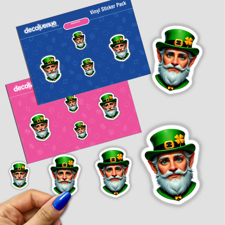 St. Patrick's Day Leprechaun sticker featuring a cartoon leprechaun with a white beard and green hat, perfect for festive decorations or digital artwork from Decal Venue.