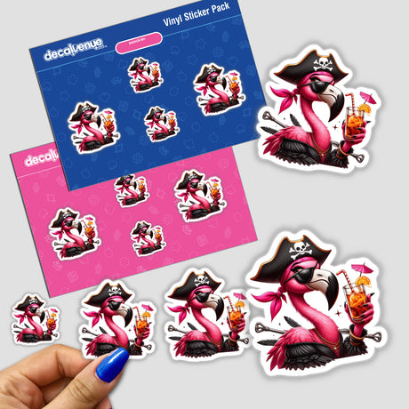 Flamingo Bird Pirate with Tropical Drink II stickers in digital download format, featuring a pink flamingo in pirate attire holding a tropical beverage, available from the Decal Venue store, which offers unique stickers and digital art created by talented designers.