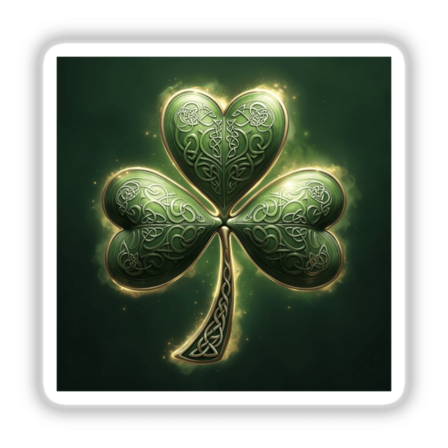 Celtic Knot Shamrock – Green Clover with Intricate Silver Filigree, available as stickers or digital artwork, featuring a detailed green shamrock bordered with gold, reflecting Decal Venue's unique design ethos.