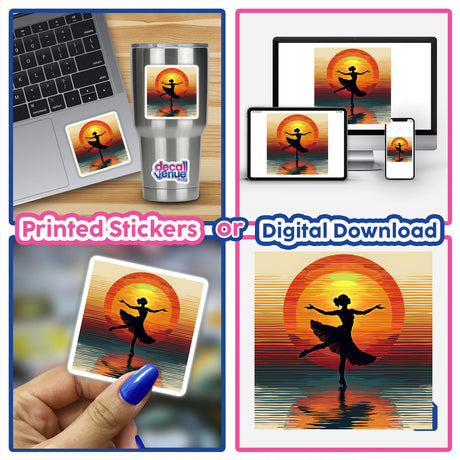 Dancer Silhouette with Bold Color Stripes: a collage featuring a woman dancing on a laptop, silhouettes of dancers, and a person painting a fingernail. Available as Stickers or Digital Artwork.