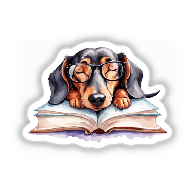 Adorable Watercolor Dachshund Clipart - Sleepy Weiner Dog on Open Book - Stickers and PNG Commercial Use