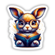 Cartoon rabbit with reading glasses engrossed in an open book, featured as Rabbit With Reading Glasses Open Book, available as stickers or digital artwork from Decal Venue.