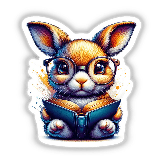 Cartoon rabbit with reading glasses engrossed in an open book, featured as Rabbit With Reading Glasses Open Book, available as stickers or digital artwork from Decal Venue.