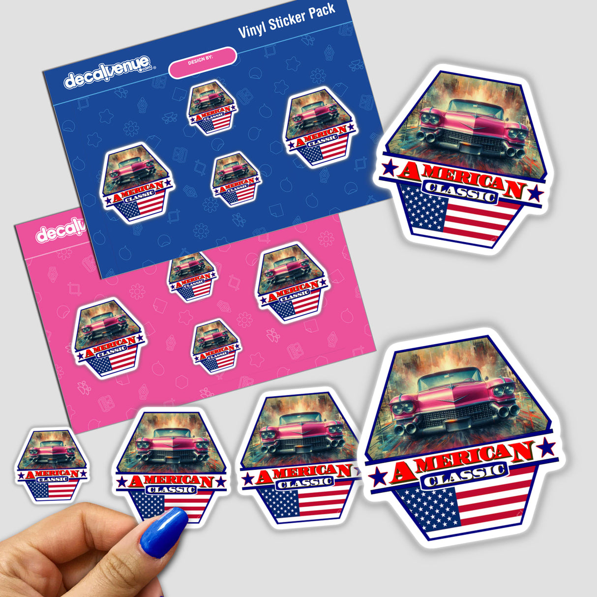 Sticker pack featuring the 1959 Cadillac, with a hand showcasing a car sticker from the collection. Available as stickers or digital artwork, ideal for automotive enthusiasts.